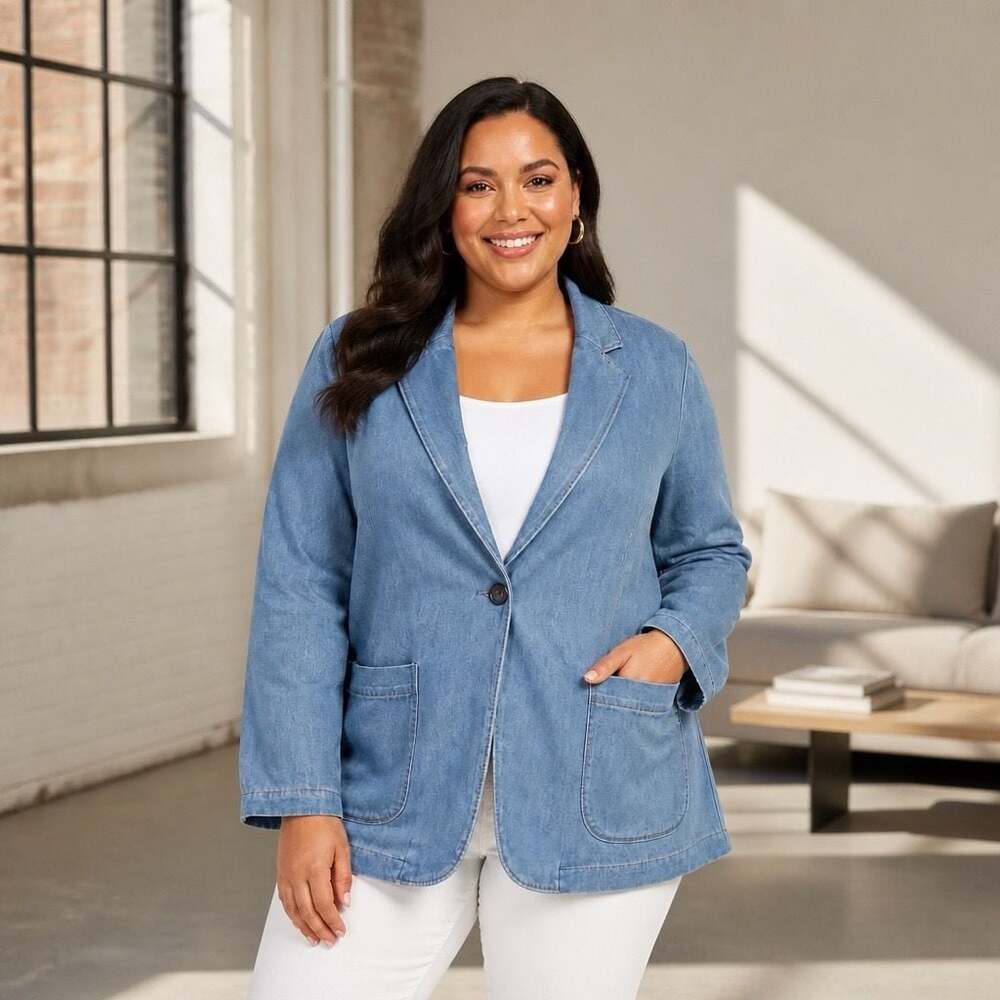 Lane Bryant Women's Plus Size Drapey Denim Single-Button Blazer, Size 28